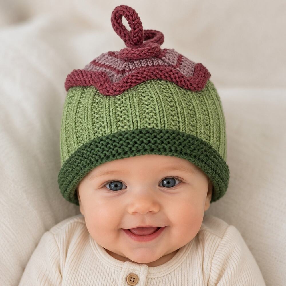 Baby Toddler Knit Hat Knotted Top Stretchy Beanie Green Pink Handmade Infant Cap
